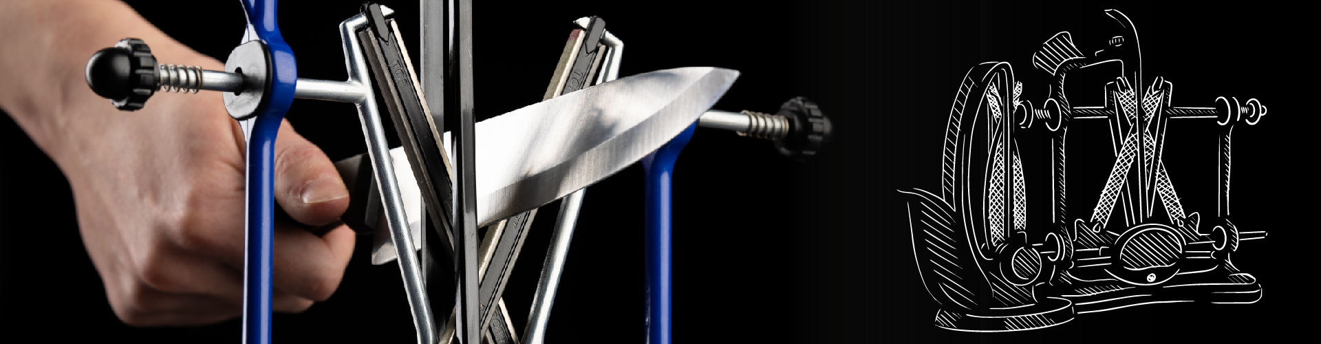 Knife with knife sharpener, landscape banner on the topic of finding the right sharpening angle