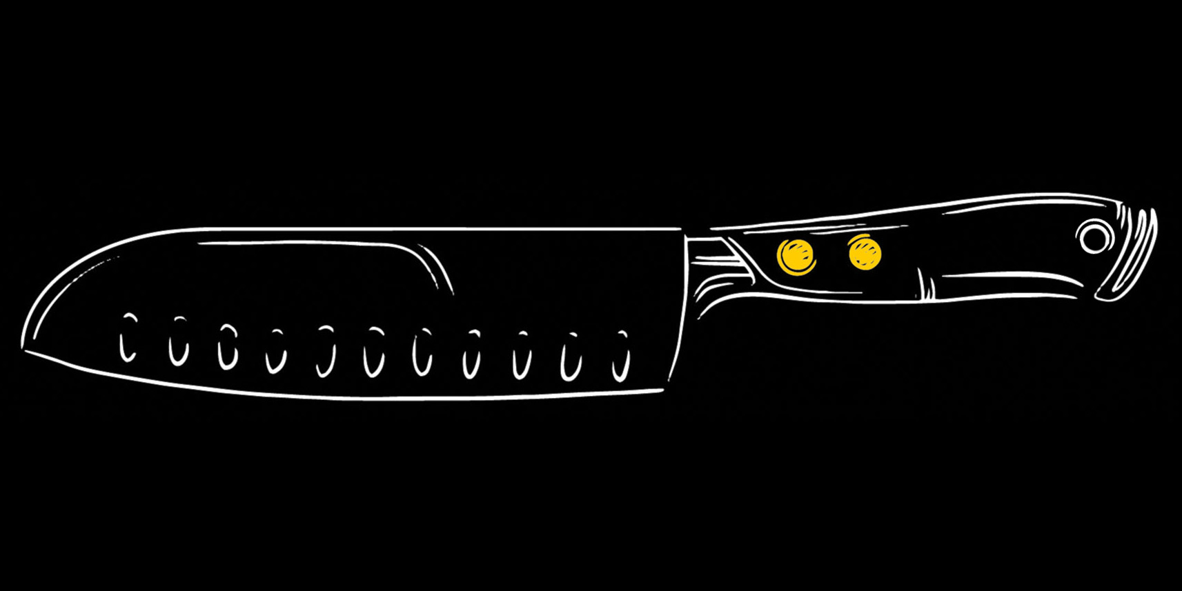 Illustration of a knife drawn with white lines, rivets highlighted in yellow