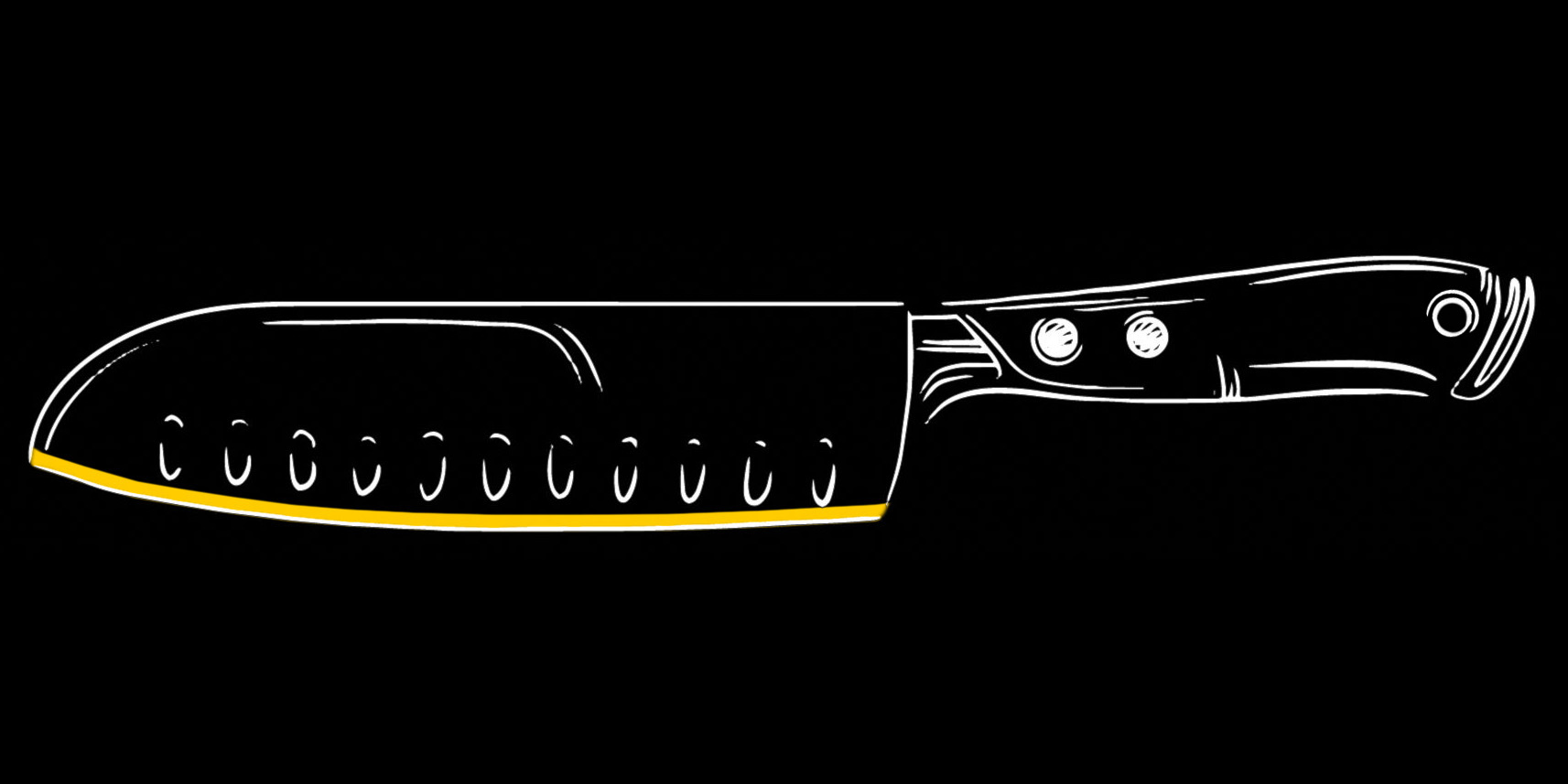 Illustration of a knife drawn with white lines, bevel highlighted in yellow