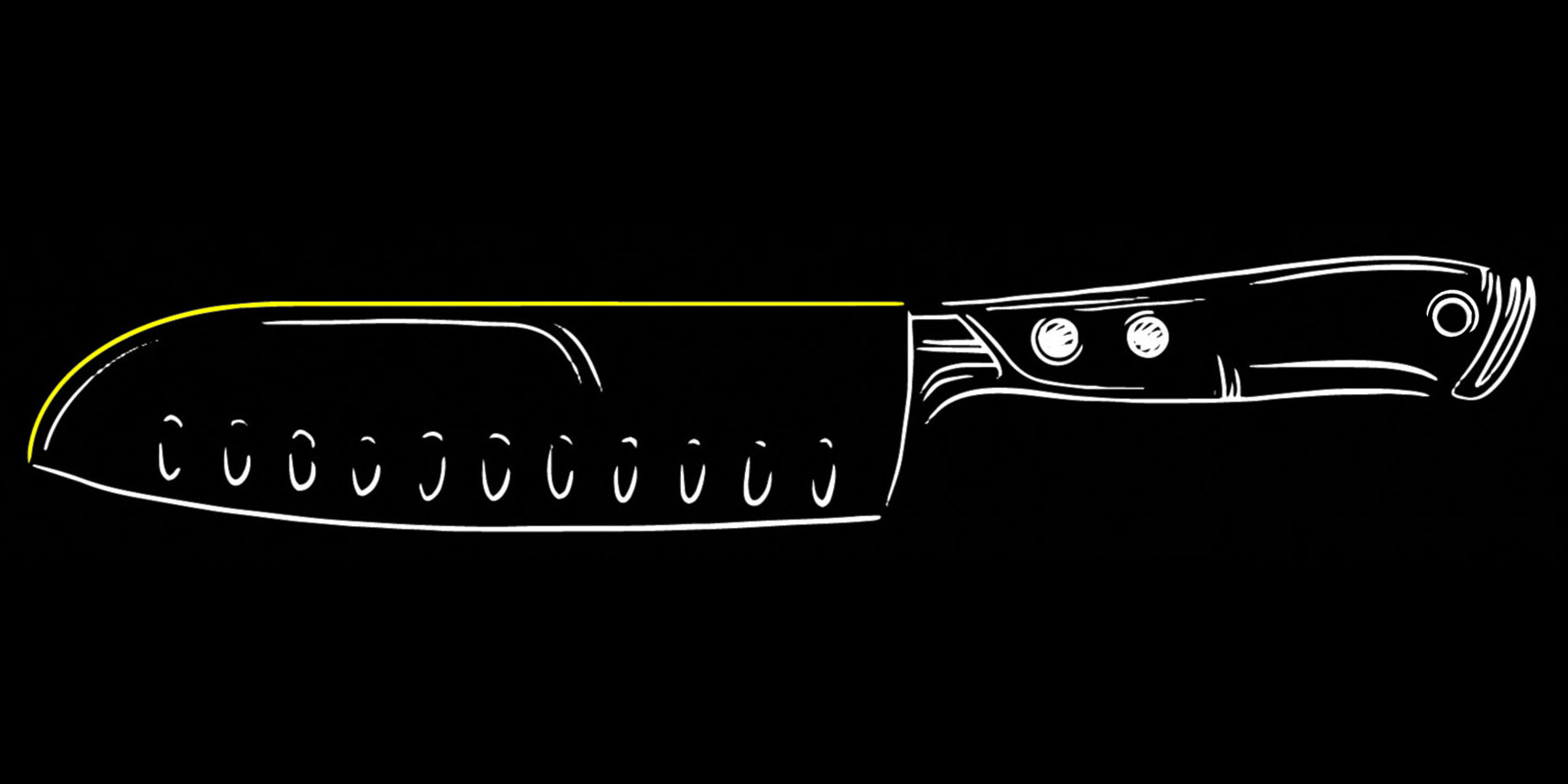 Illustration of a knife drawn with white lines, blade back highlighted in yellow