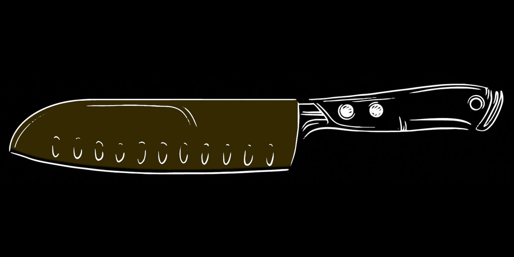 Illustration of a knife drawn with white lines, flank highlighted in yellow