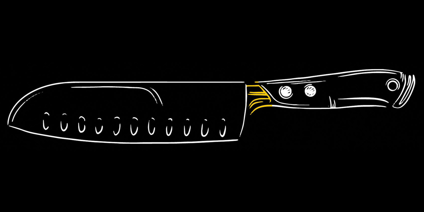 Illustration of a knife drawn with white lines, bolster highlighted in yellow