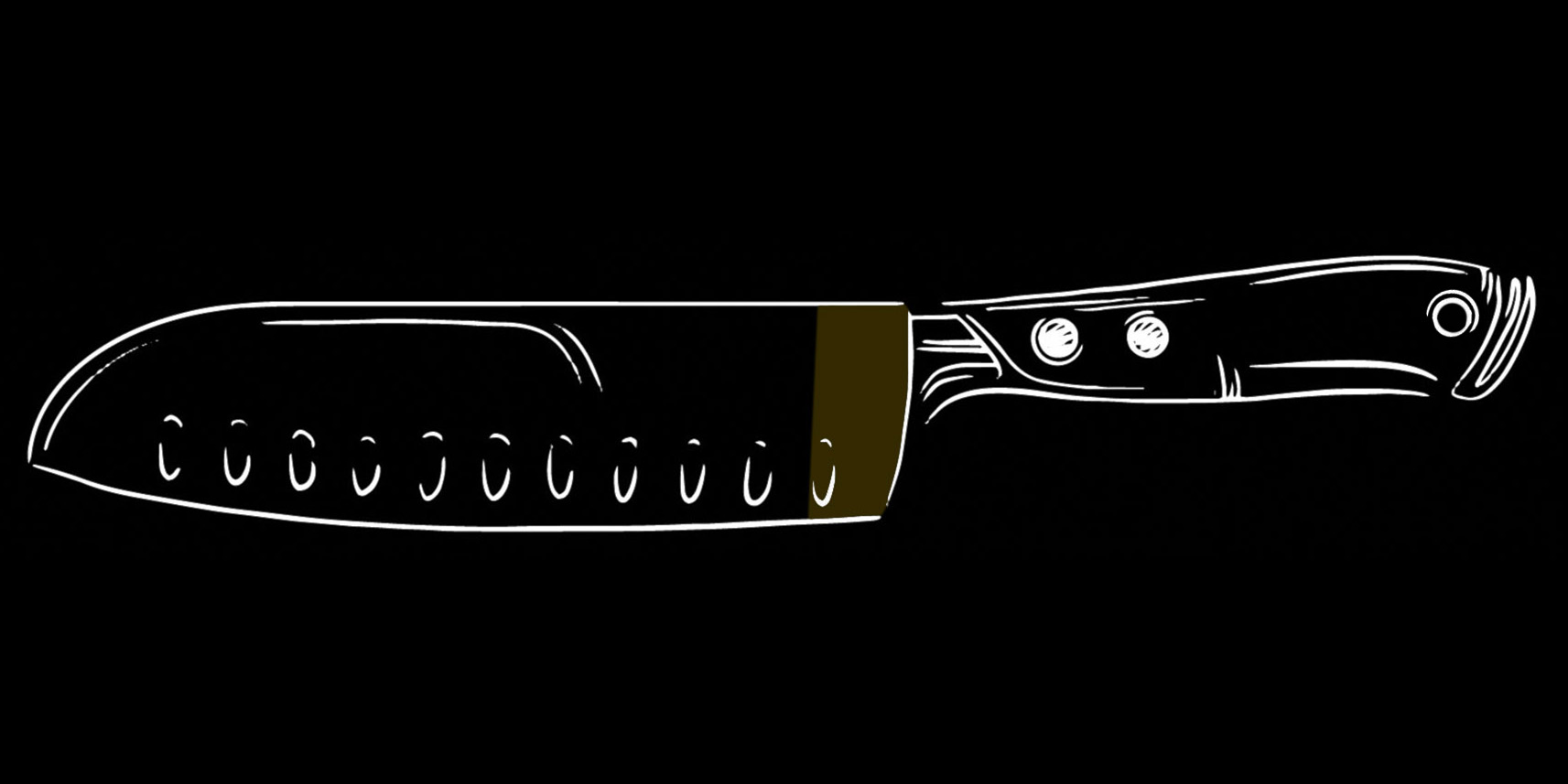 Illustration of a knife drawn with white lines, blade neck highlighted in yellow