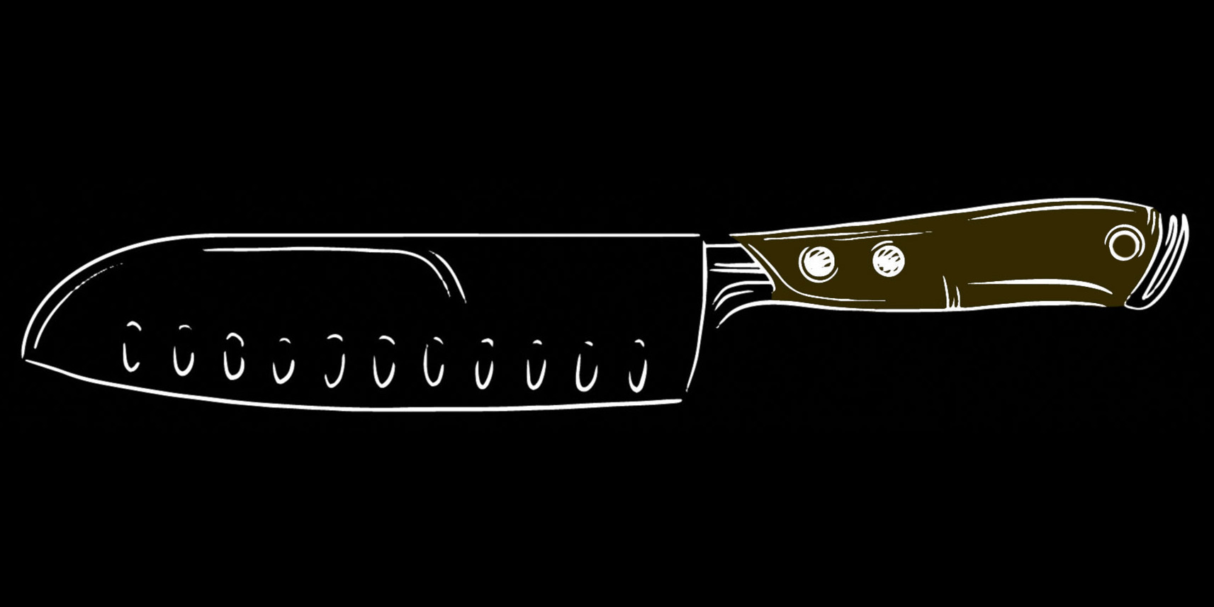 Illustration of a knife drawn with white lines, handle scales highlighted in yellow