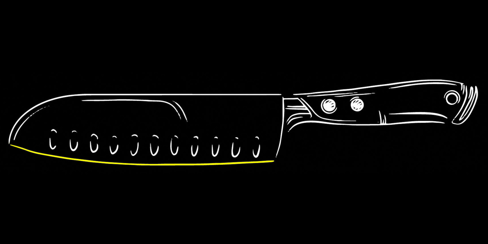 Illustration of a knife drawn with white lines, cutting edge highlighted in yellow